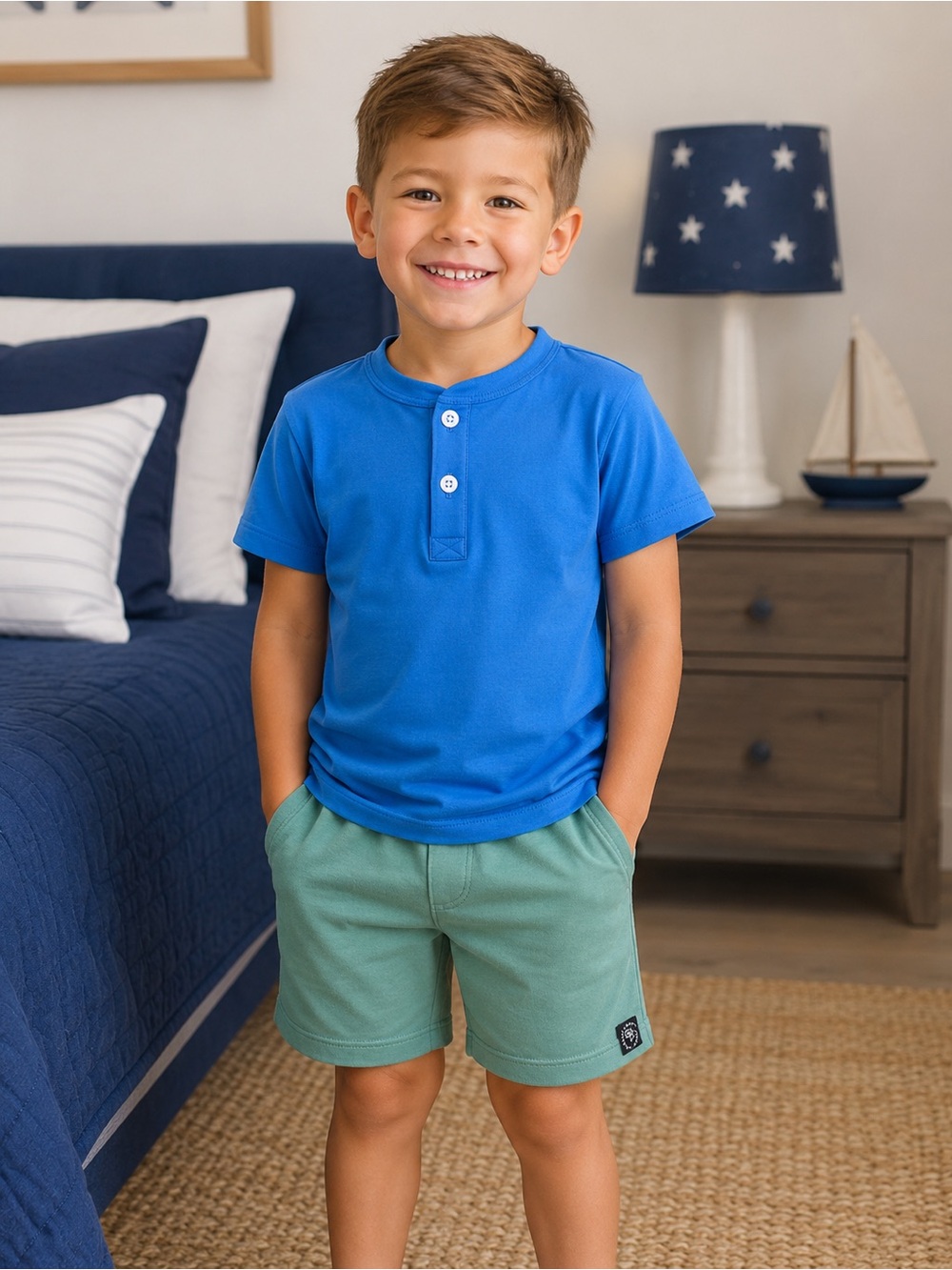 Kids' Short Sleeve Henley Tee in Bright Blue